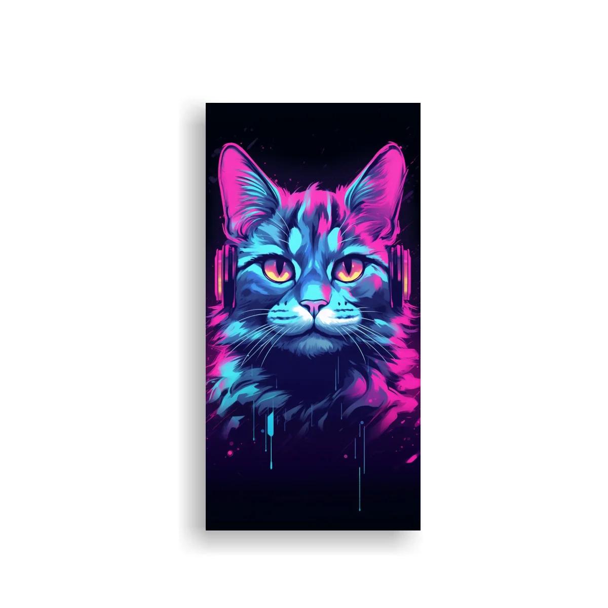 Cuadro gato de pelo largo con auriculares y salpicaduras neón — imagen principal