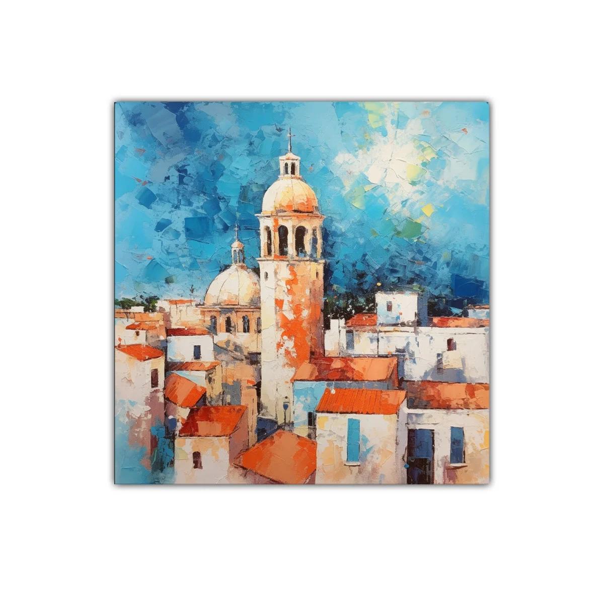 Vista colorida de un pueblo mediterráneo con torres y tejados — miniatura 1