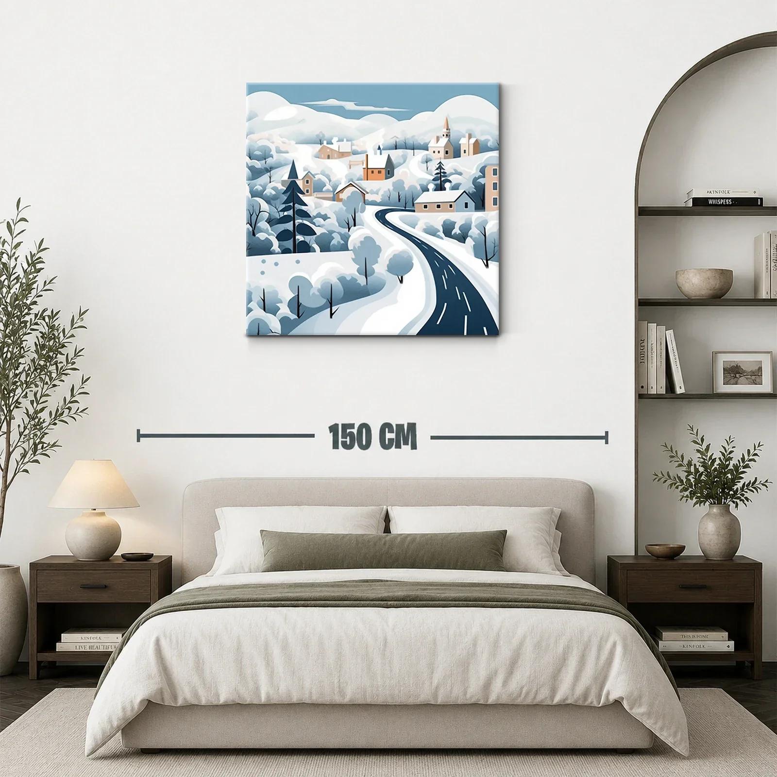 Paisaje invernal con carretera serpenteante y casas — miniatura 3