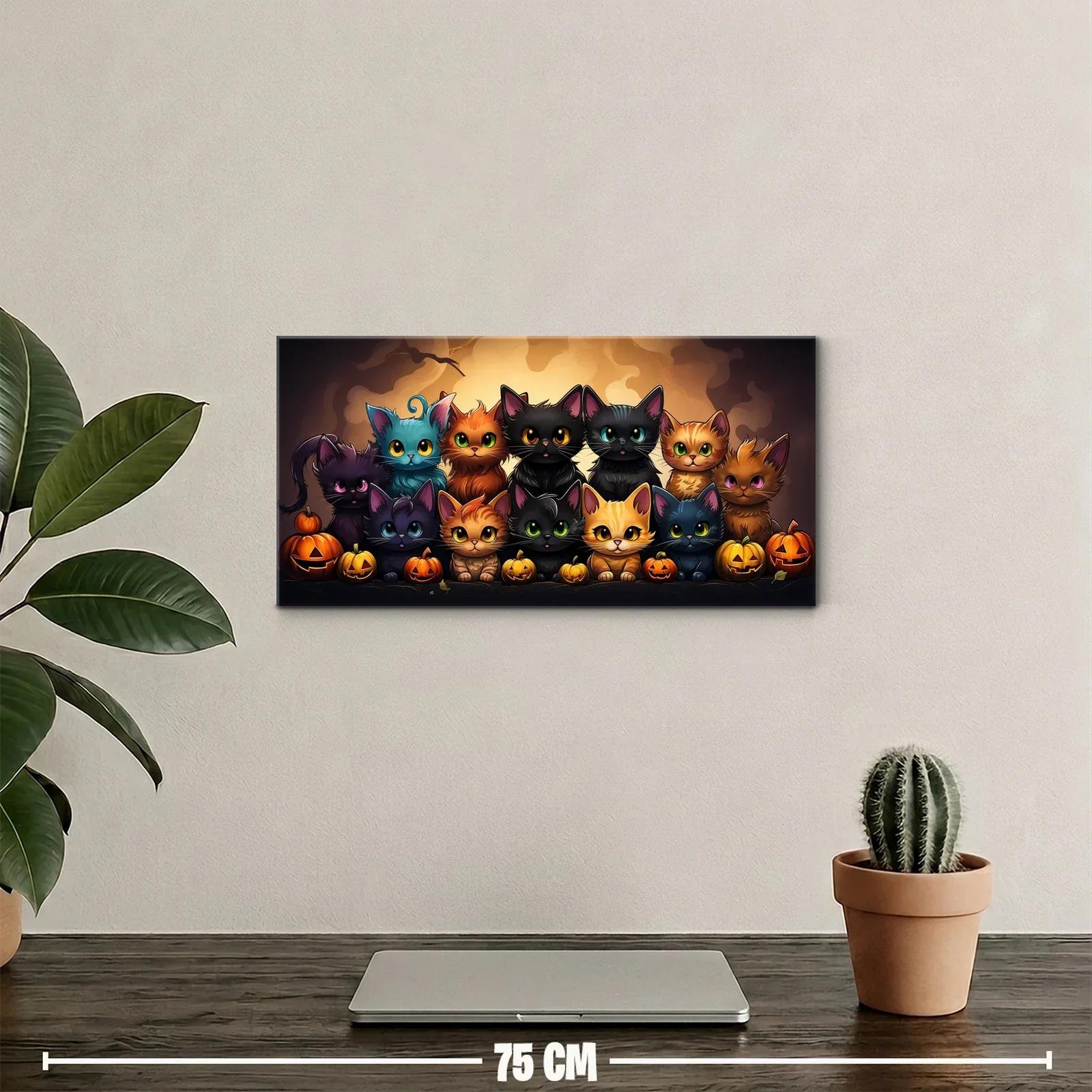 Cuadro grupo de gatos con calabazas de Halloween y luna grande — miniatura 2