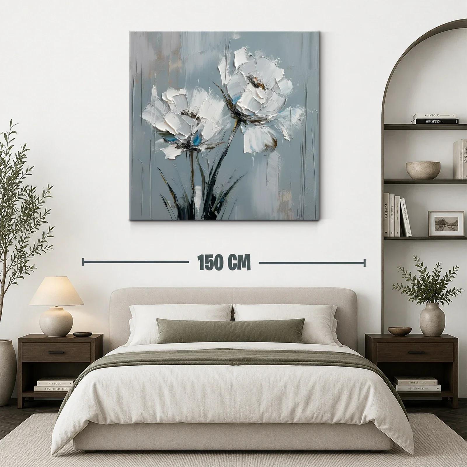 Cuadro moderno con flores blancas sobre fondo gris azulado — miniatura 3