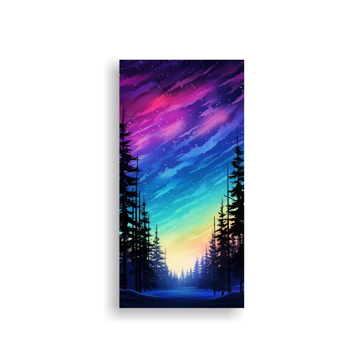 Cuadro bosque de pinos bajo aurora boreal