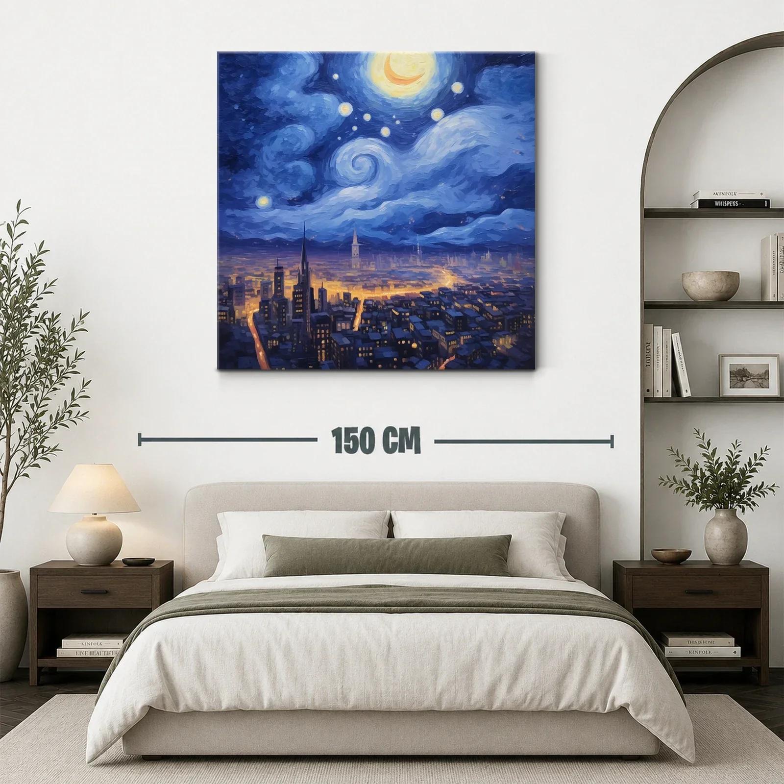 Ciudad nocturna iluminada bajo un cielo estrellado y luna creciente — miniatura 3