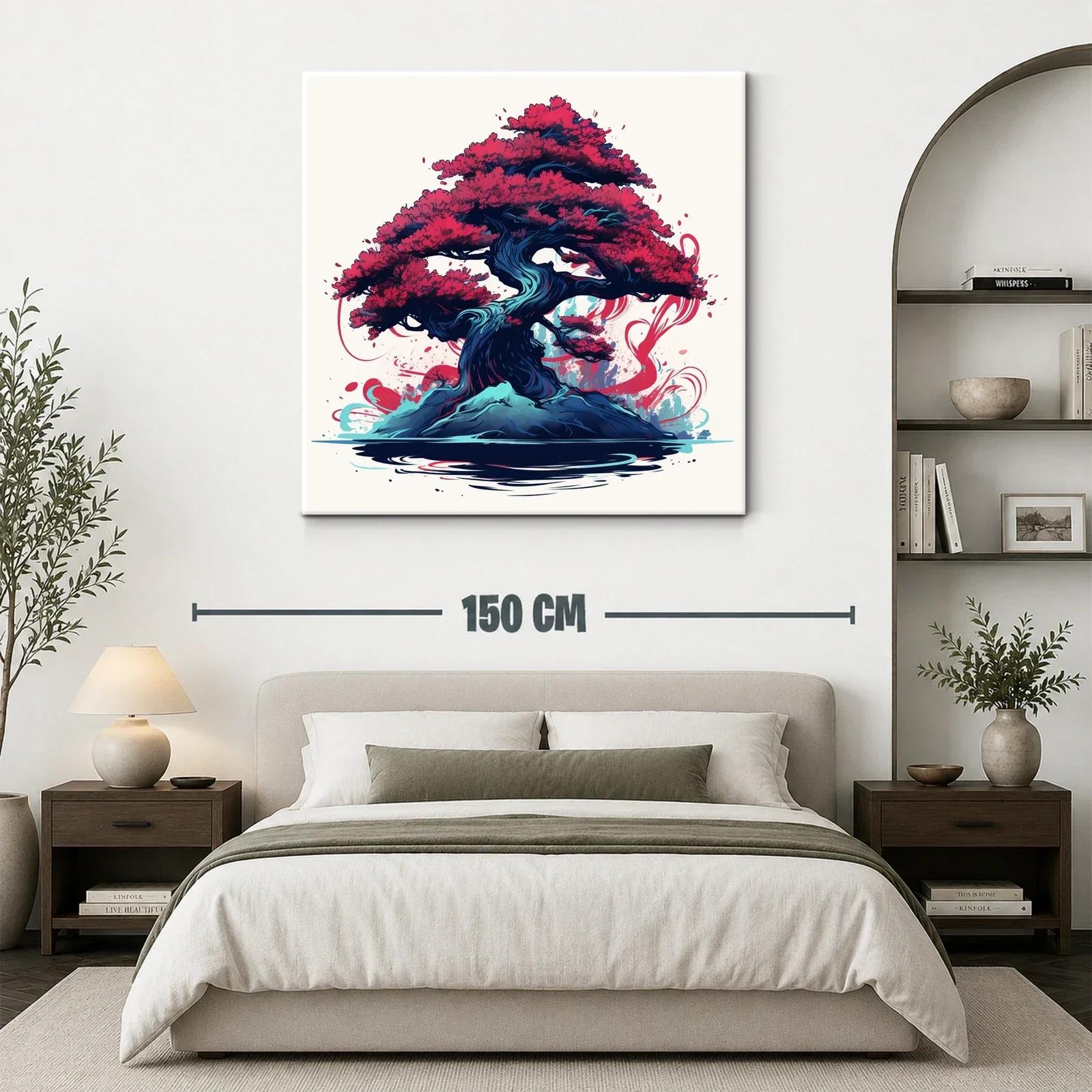 Árbol bonsái vibrante con follaje rojo intenso y base azul — miniatura 3