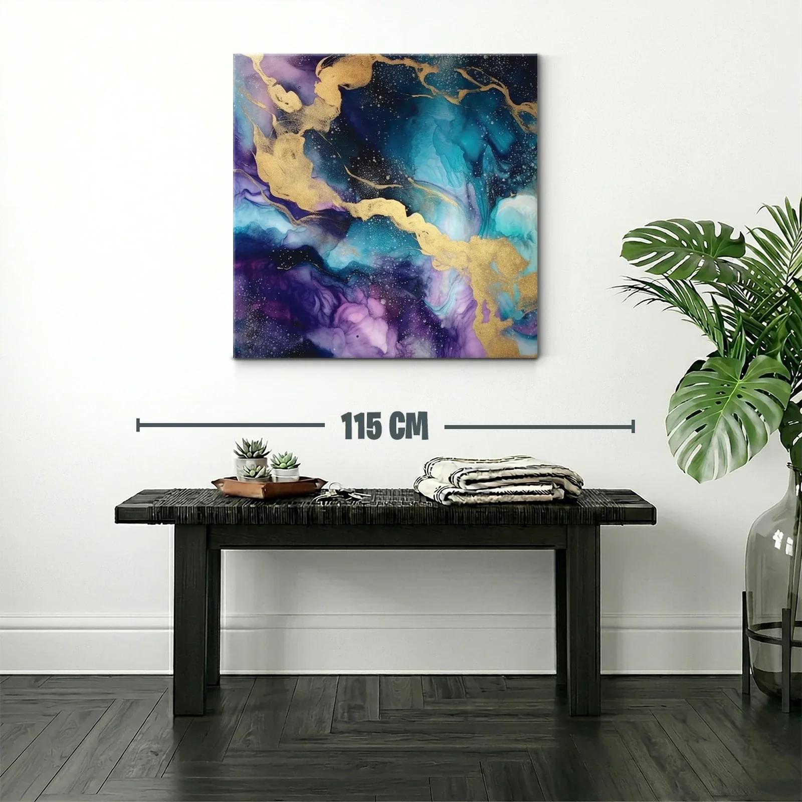 Cuadro abstracto con tonos azulados y dorados vibrantes — miniatura 2
