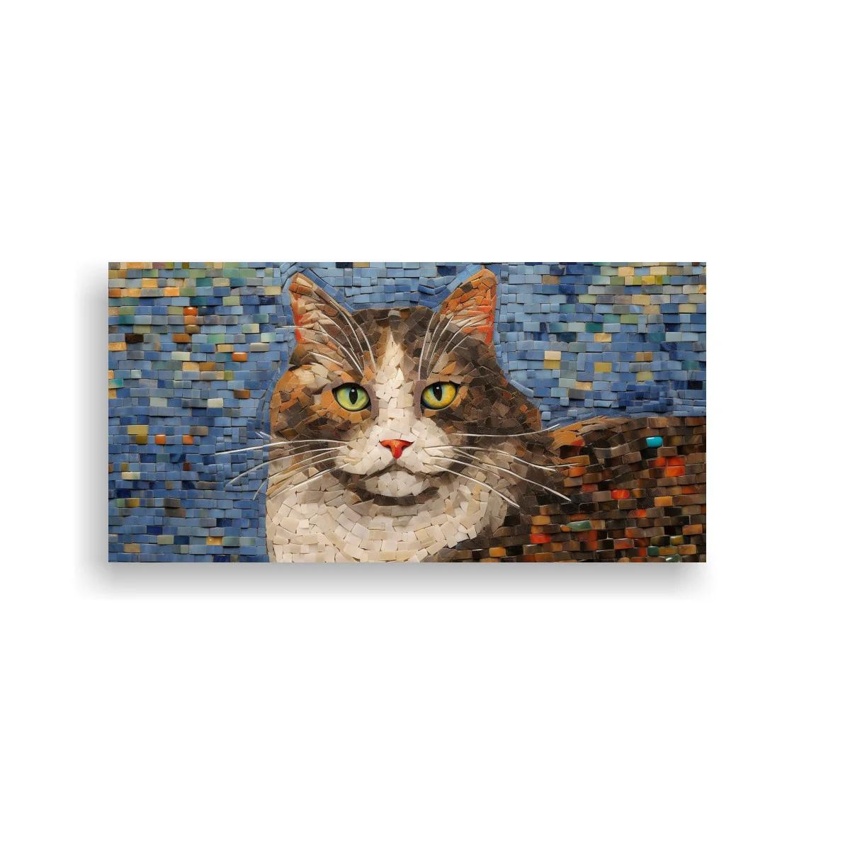 Cuadro gato atigrado con ojos verdes y fondo mosaico azul — imagen principal
