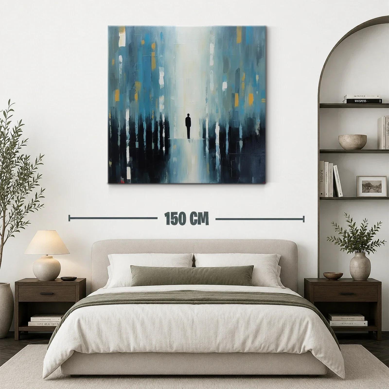 Cuadro abstracto figura solitaria en tonos azules y dorados — miniatura 3
