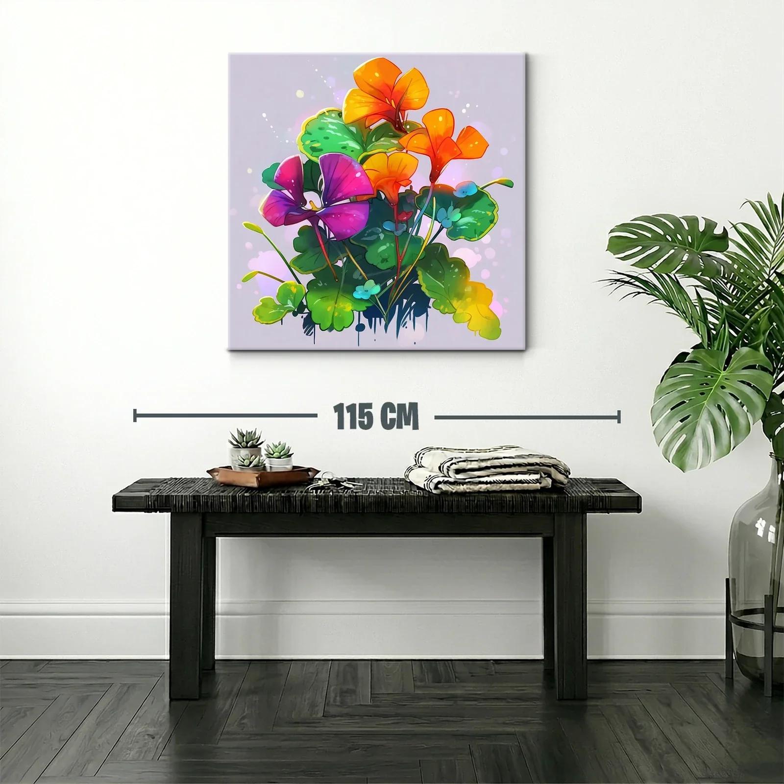 Cuadro floral vibrante con tonos naranjas y púrpuras — miniatura 2
