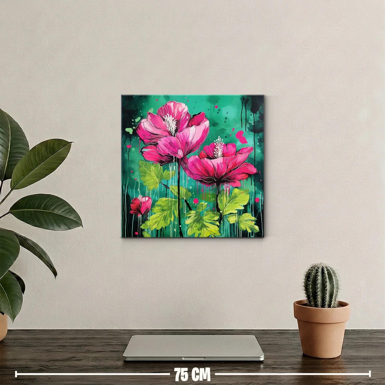 Cuadro vibrante con flores fucsias sobre fondo verde intenso — miniatura 2