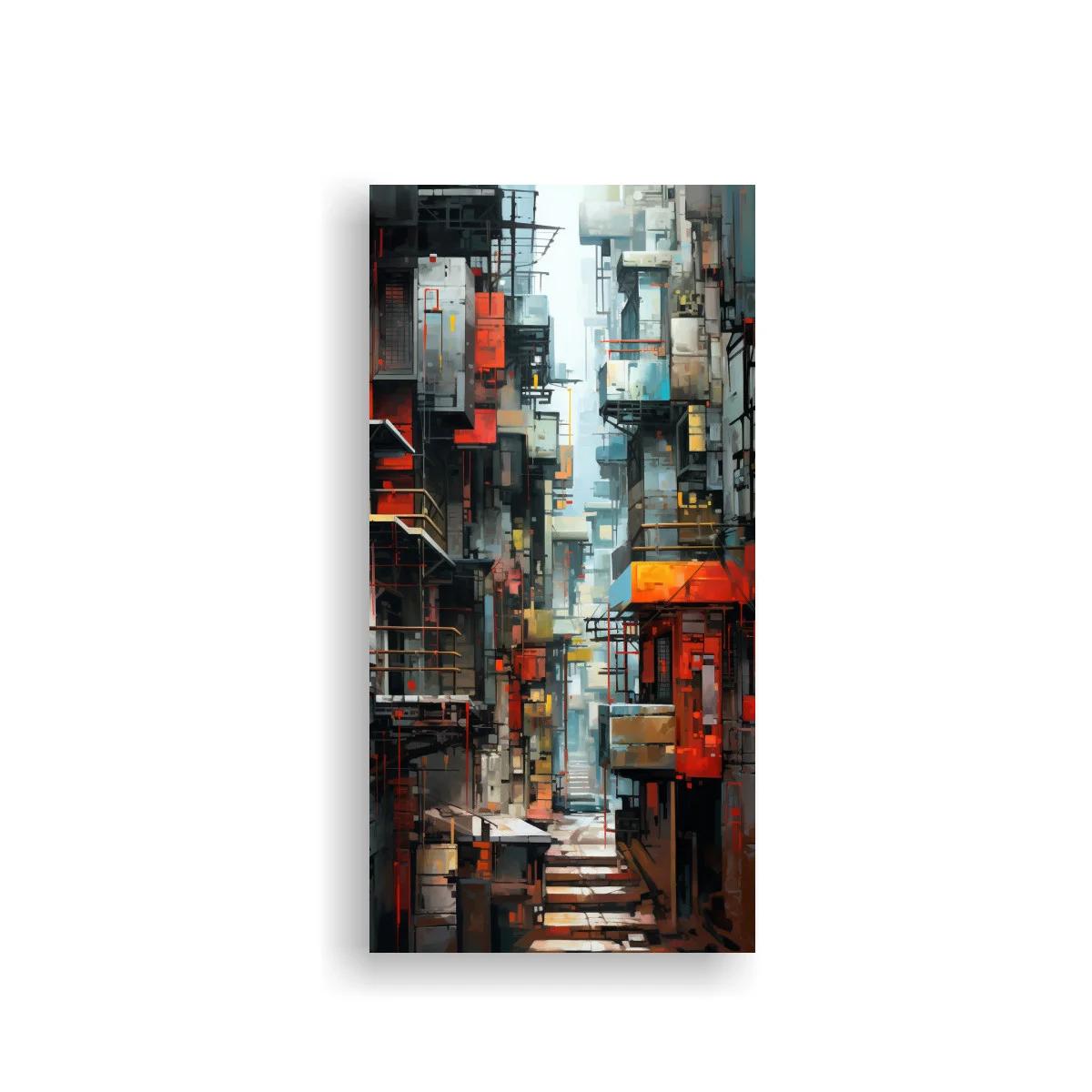 Cuadro callejón urbano con luces rojas y naranjas