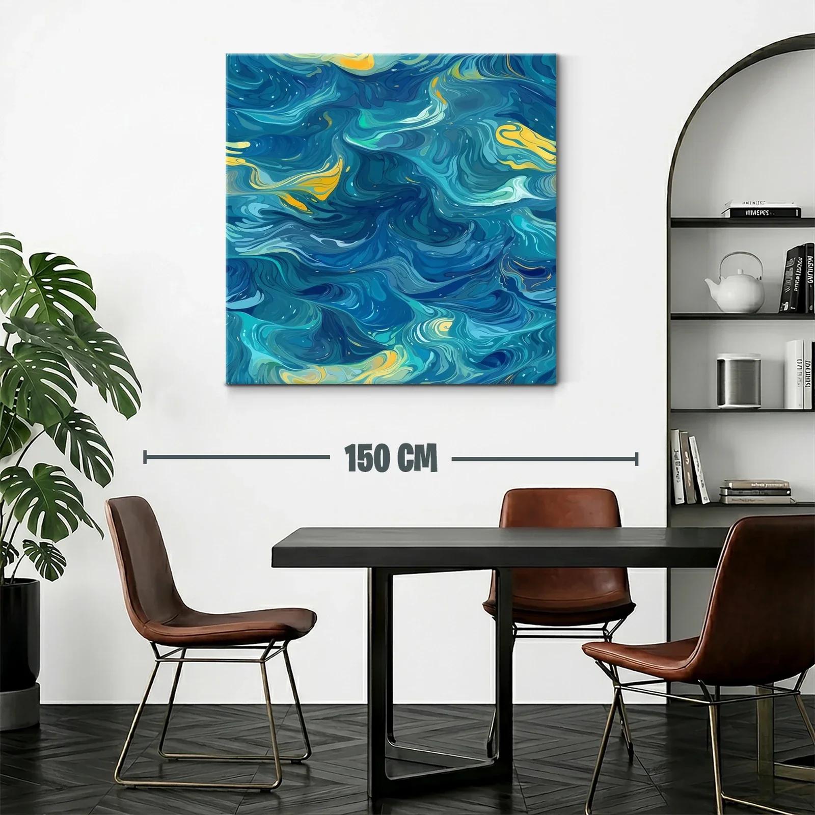 Cuadro abstracto con remolinos azules y toques amarillos — miniatura 2