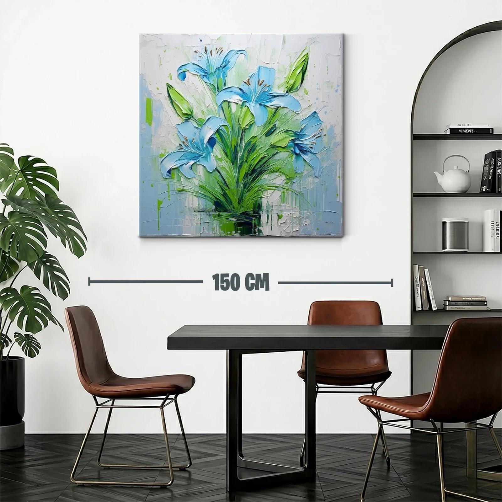 Cuadro floral intenso con lirios azules y verdes vibrantes — miniatura 2