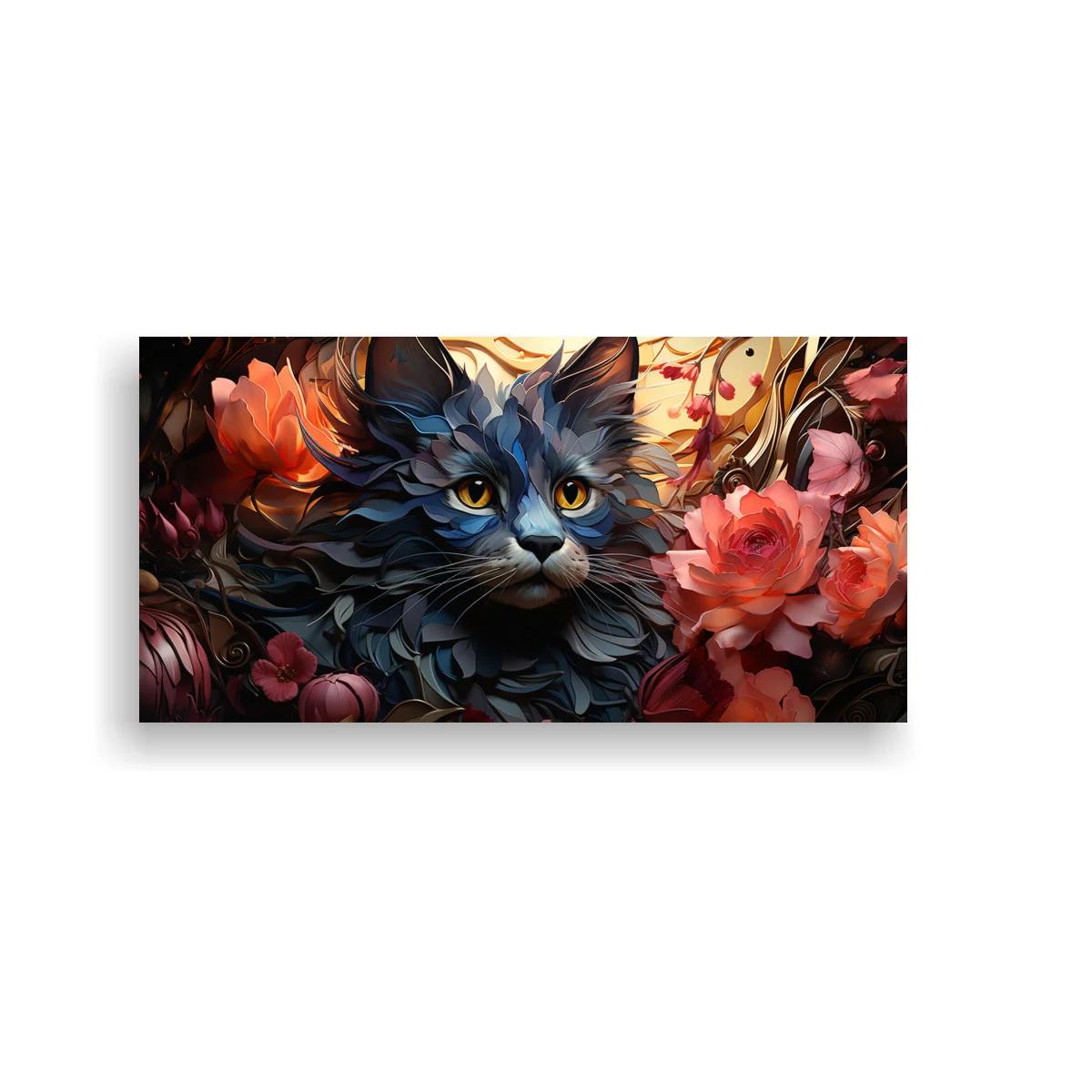 Cuadro gato gris de pelo largo entre rosas y ramas — imagen principal