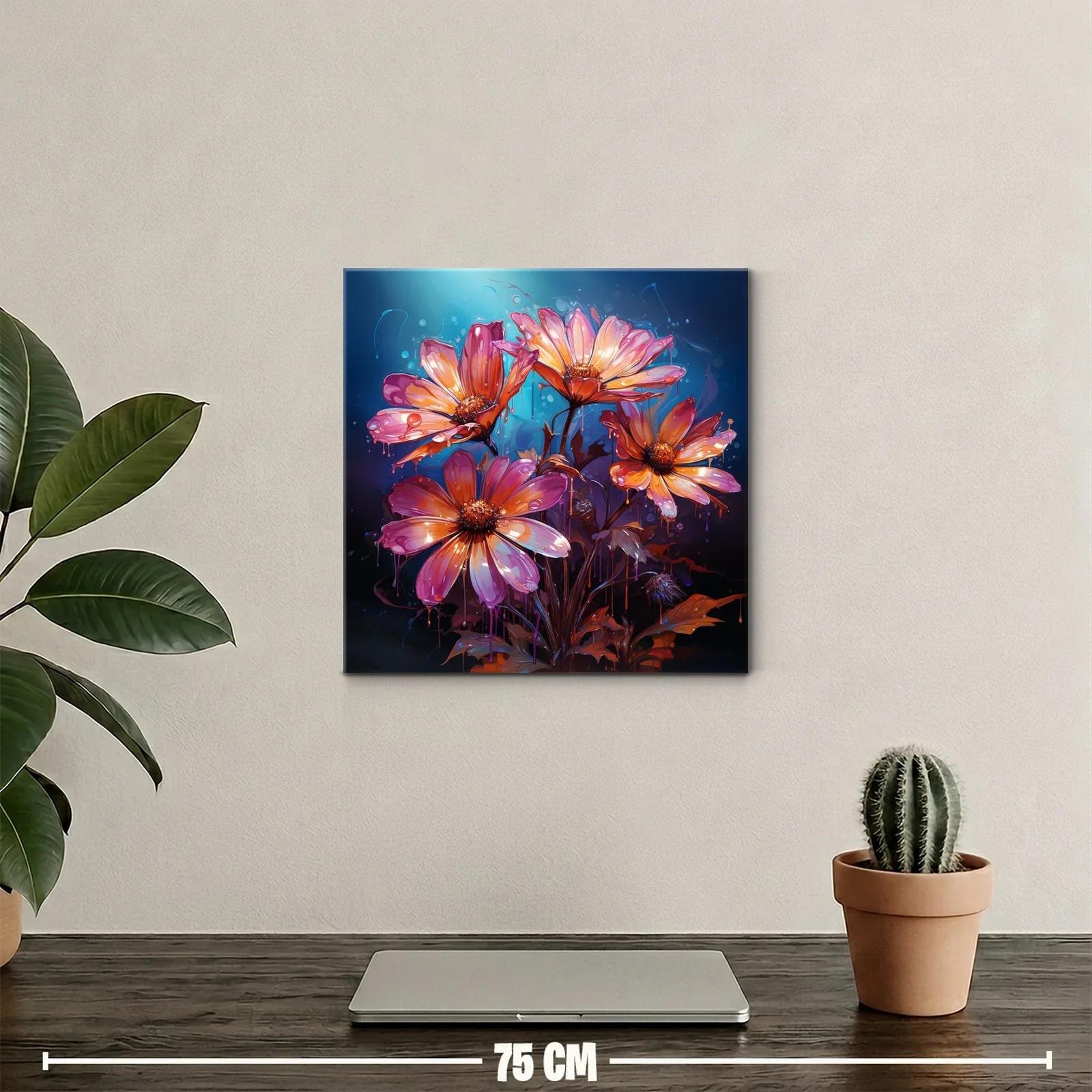 Cuadro floral vibrante con tonos cálidos y fondo azul oscuro — miniatura 2