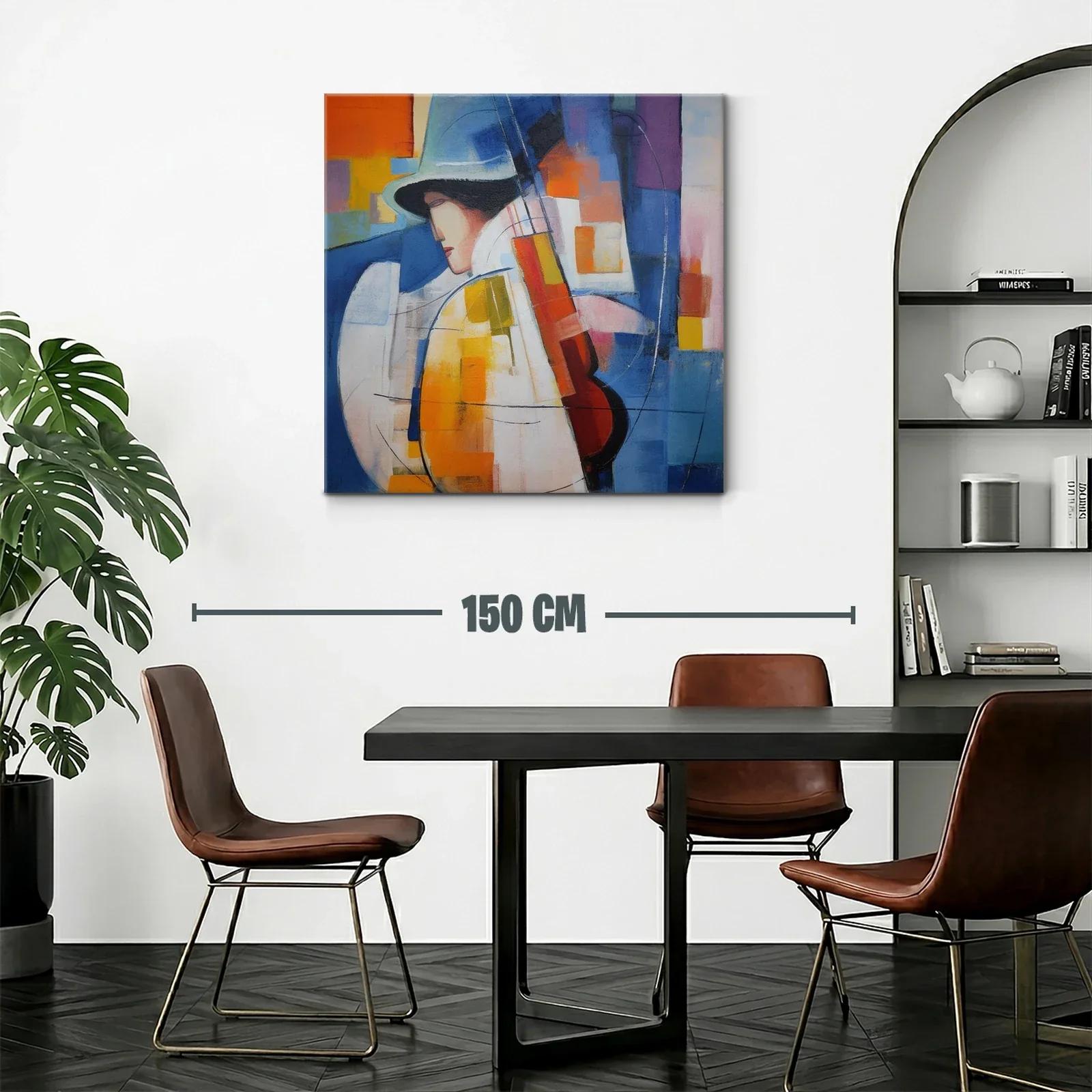 Cuadro abstracto con músico y paleta vibrante azul y naranja — miniatura 2