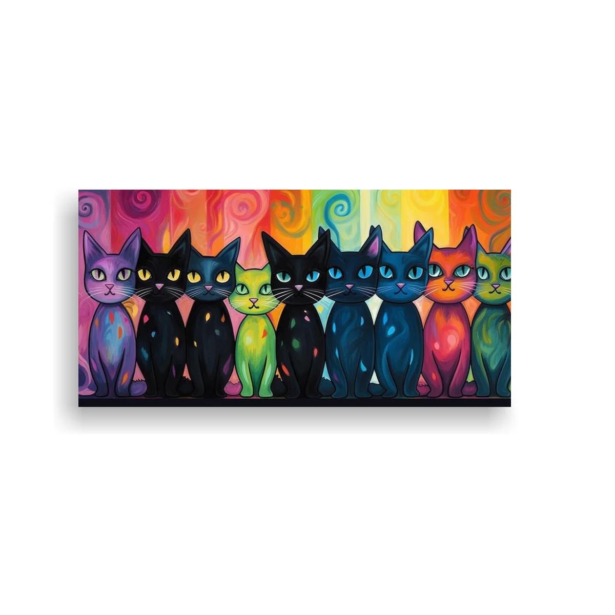 Cuadro fila de gatos de colores con fondo abstracto — imagen principal