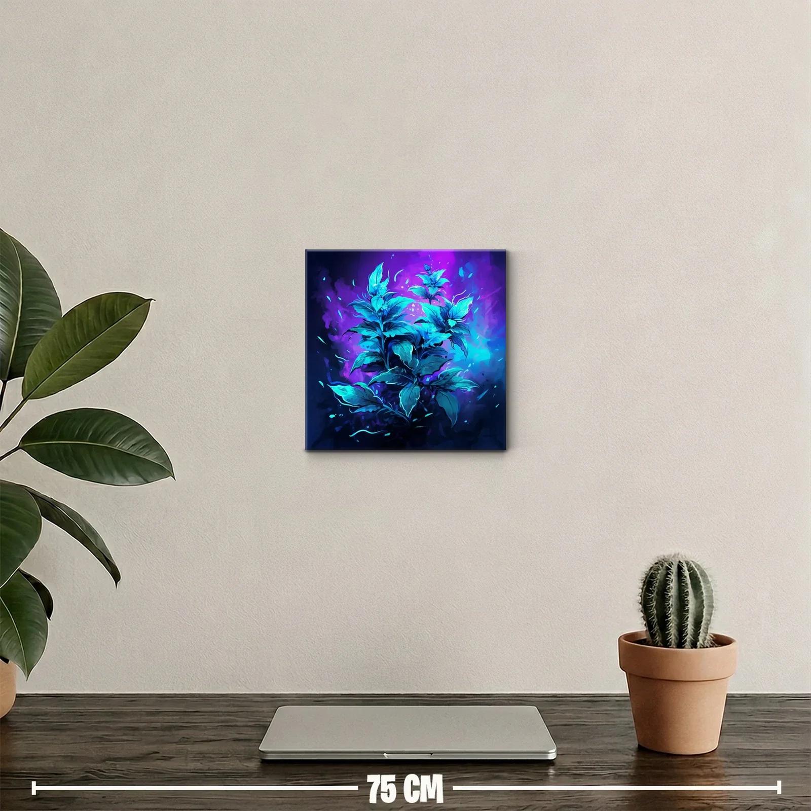 Cuadro decorativo con vibrantes hojas azules sobre fondo violeta — miniatura 2