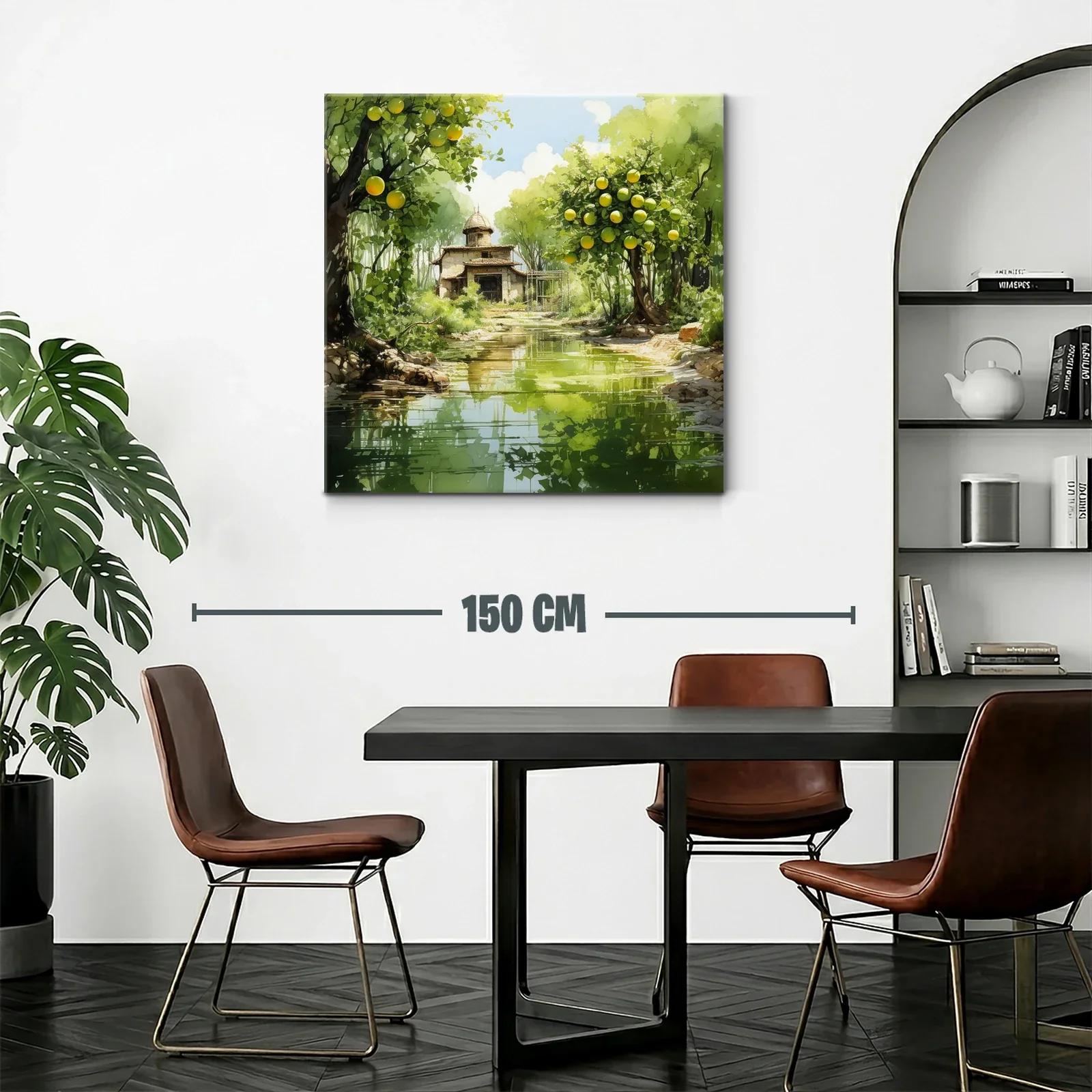 Paisaje sereno con casa y árboles frutales junto al río — miniatura 2