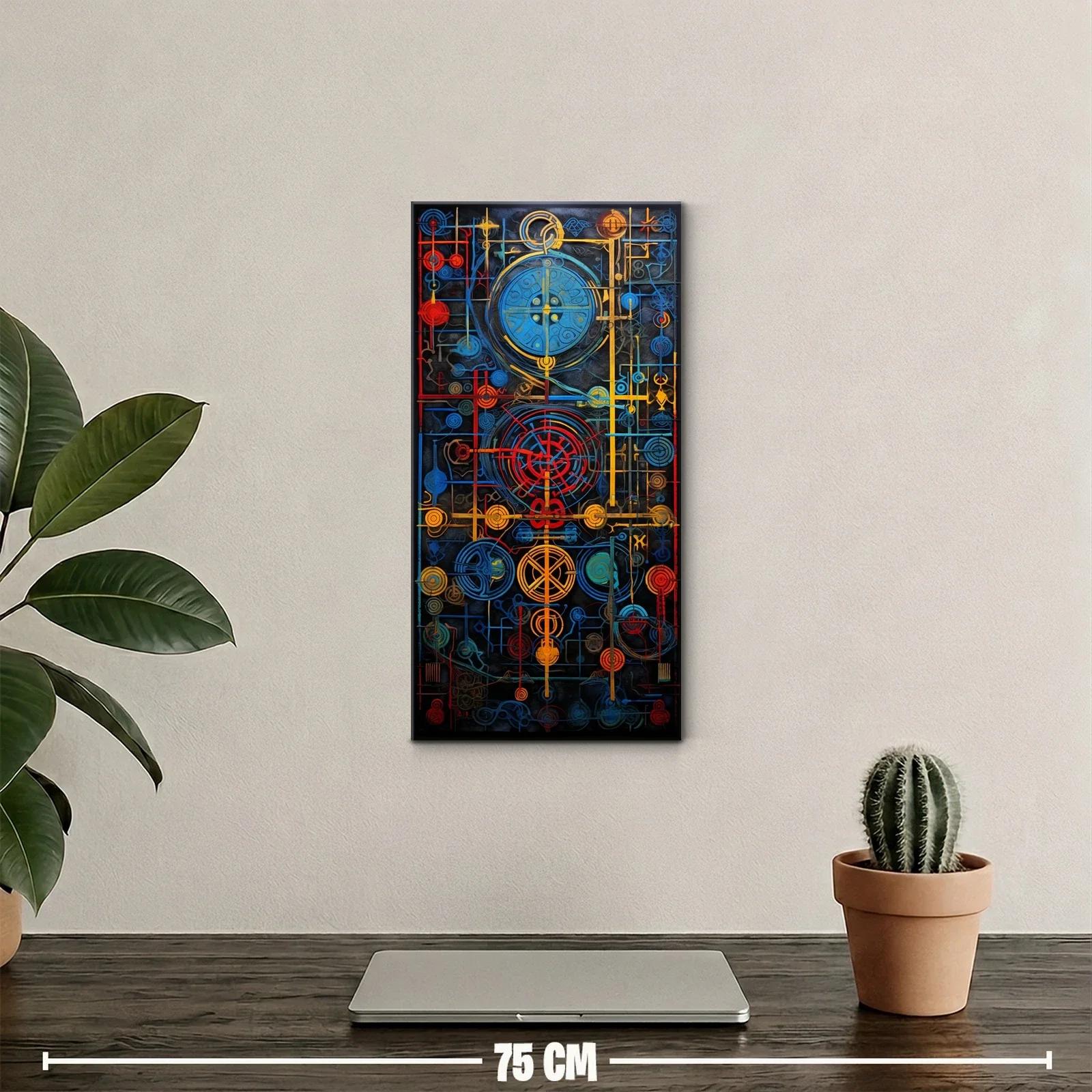 Cuadro mandala geométrica con núcleos circulares y acentos de color — miniatura 2