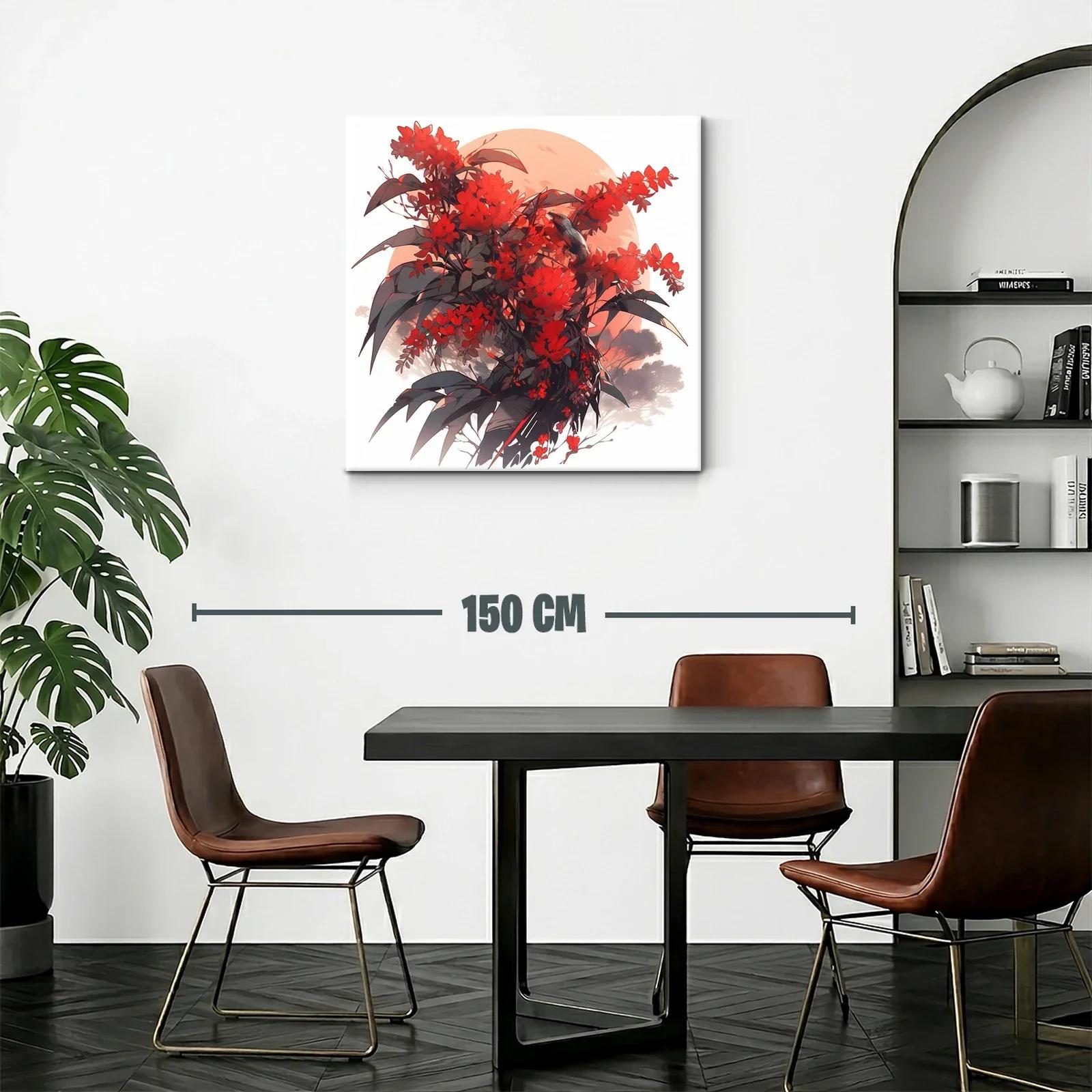 Cuadro floral con aves en tonos rojizos y contraste oscuro — miniatura 2