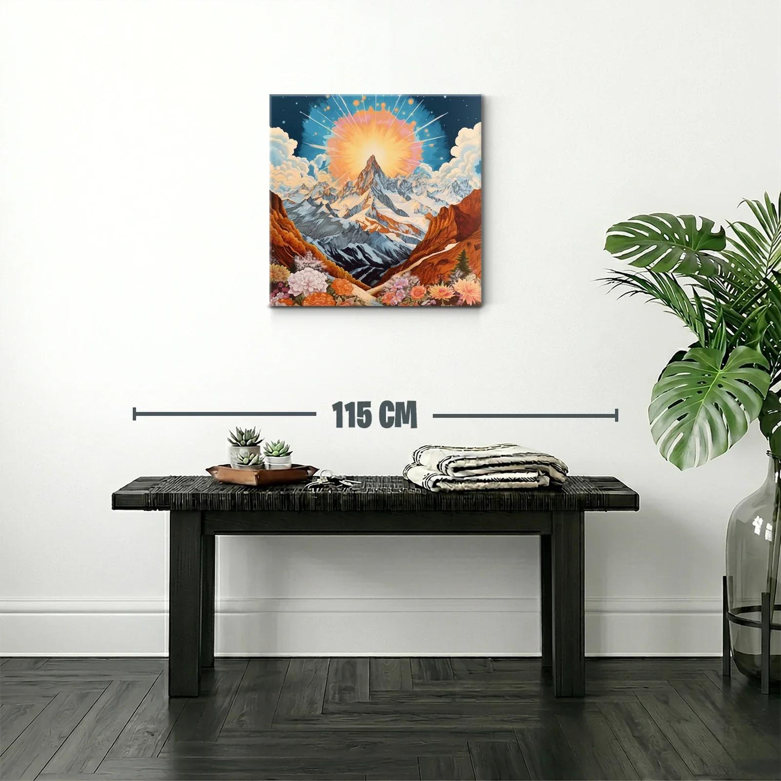 Montaña majestuosa con sol radiante y flores vibrantes — miniatura 2