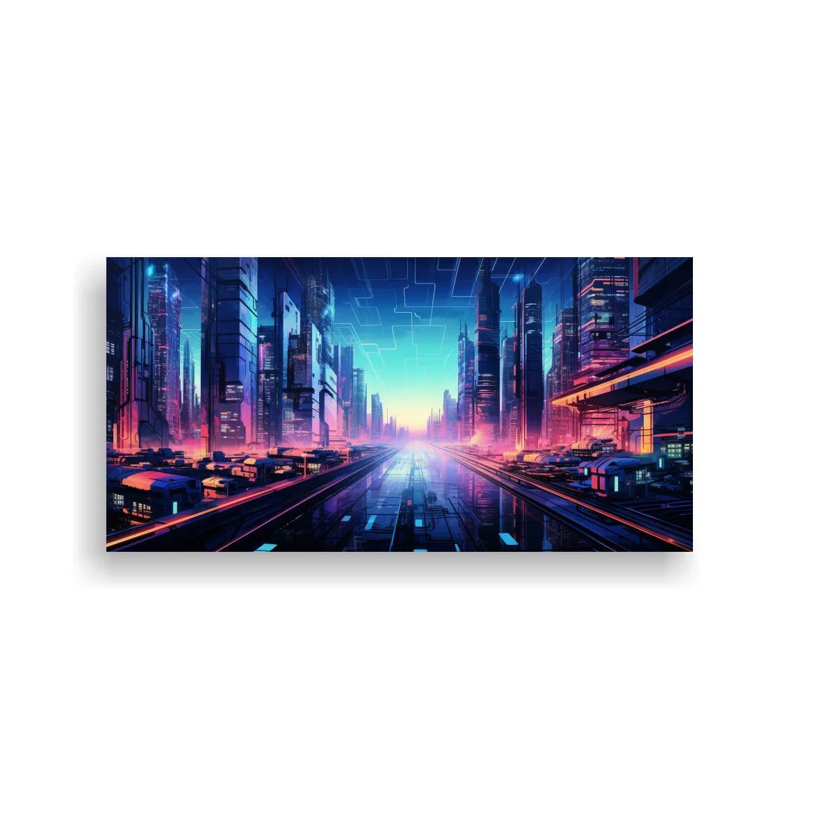 Cuadro ciudad futurista neón con avenida recta — imagen principal