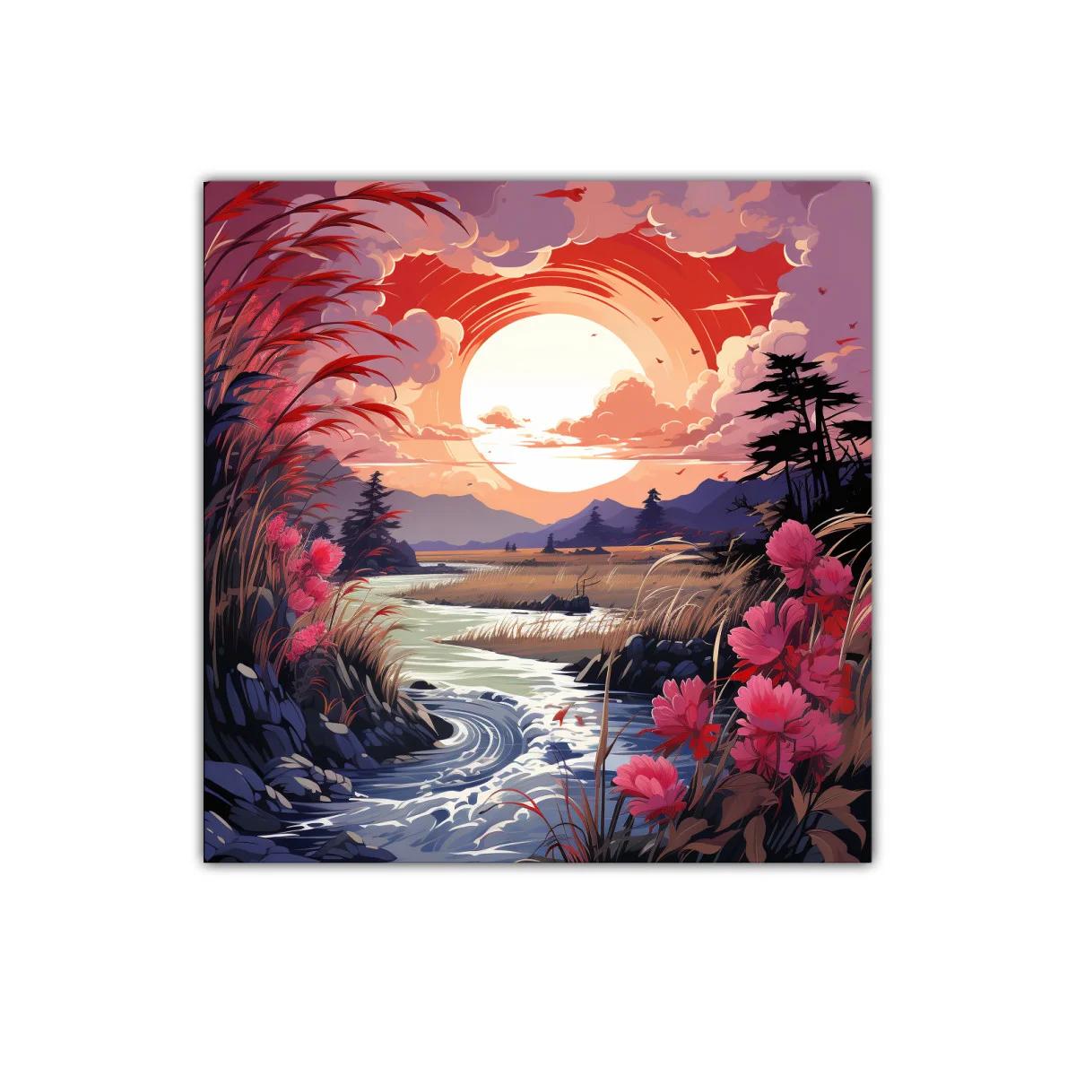 Paisaje natural al atardecer con flores y río serpenteante — miniatura 1