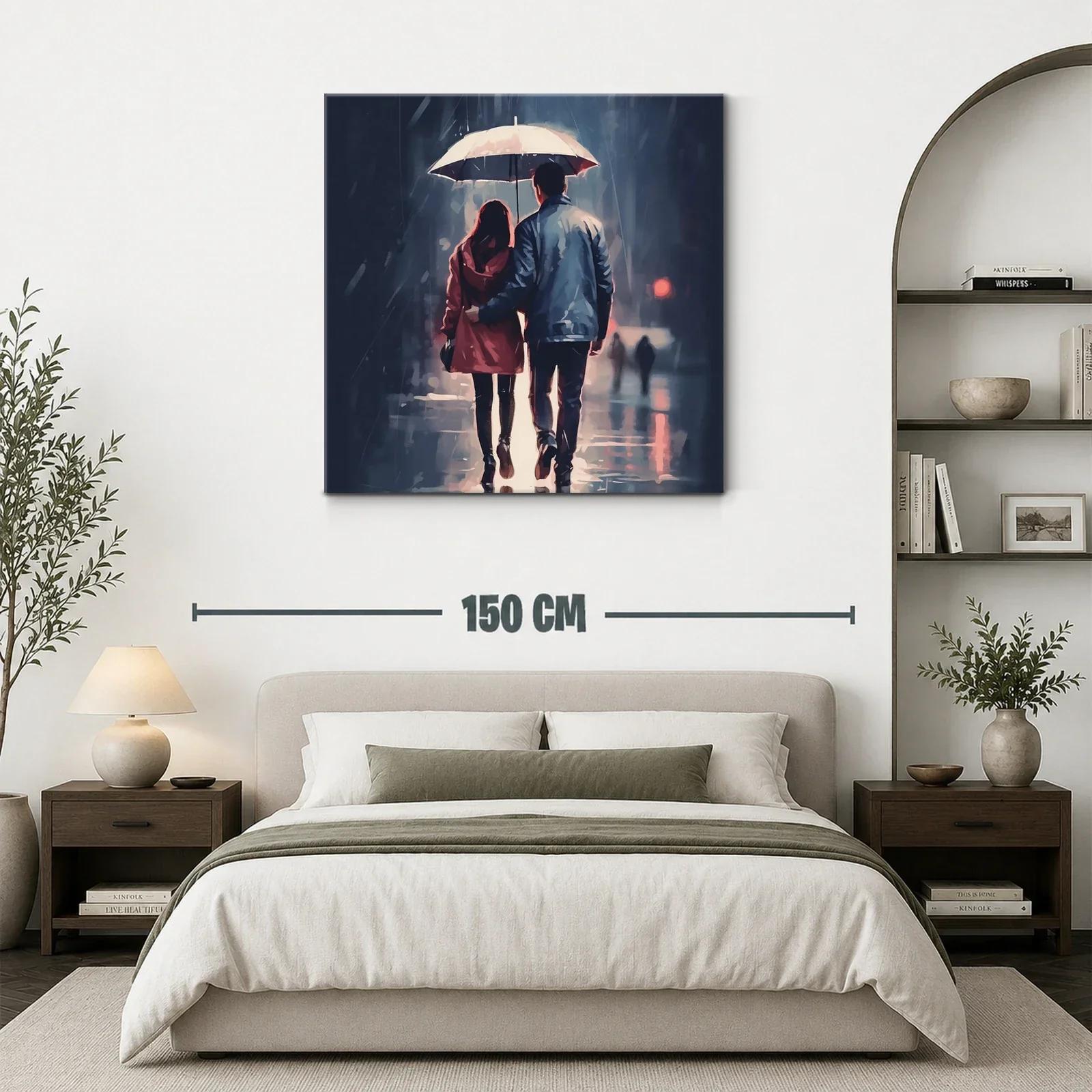 Pareja caminando bajo la lluvia con paraguas blanco — miniatura 3