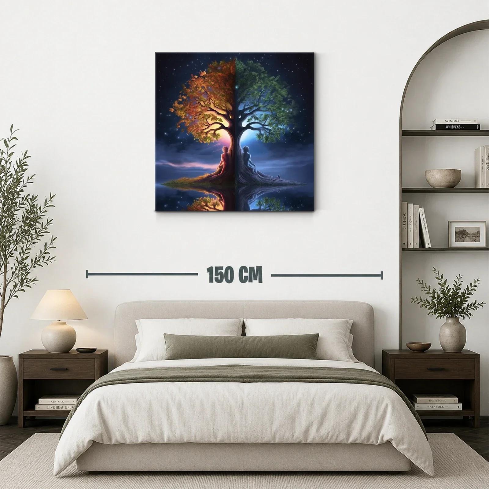 Cuadro árbol dual con figuras humanas y contraste día noche — miniatura 3