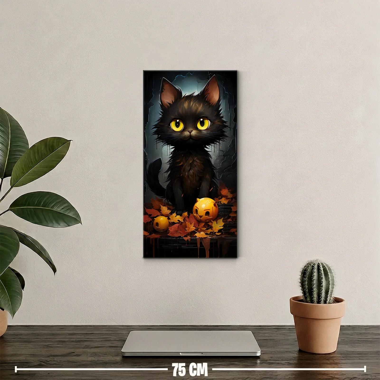 Cuadro gato negro de ojos amarillos con calabazas otoñales — miniatura 2