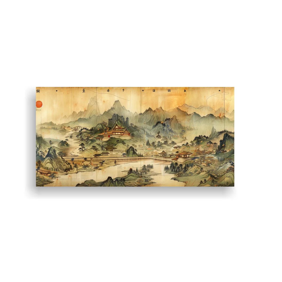 Cuadro paisaje montañoso chino con caligrafía y sellos rojos — imagen principal