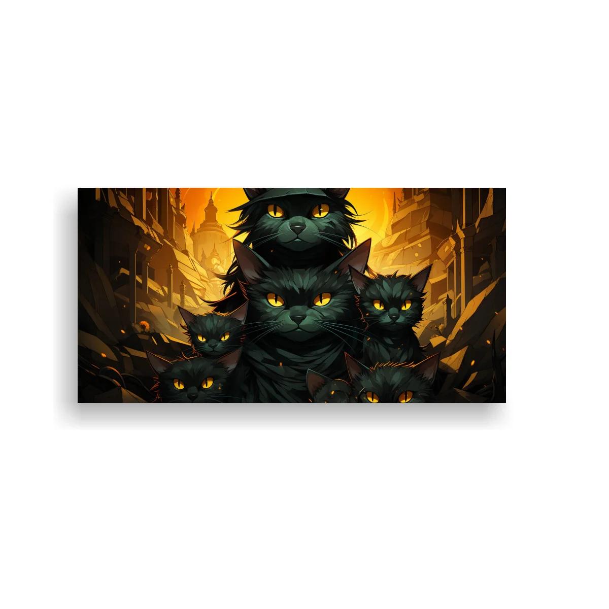 Cuadro grupo de gatos negros con ojos brillantes y fondo cálido — imagen principal
