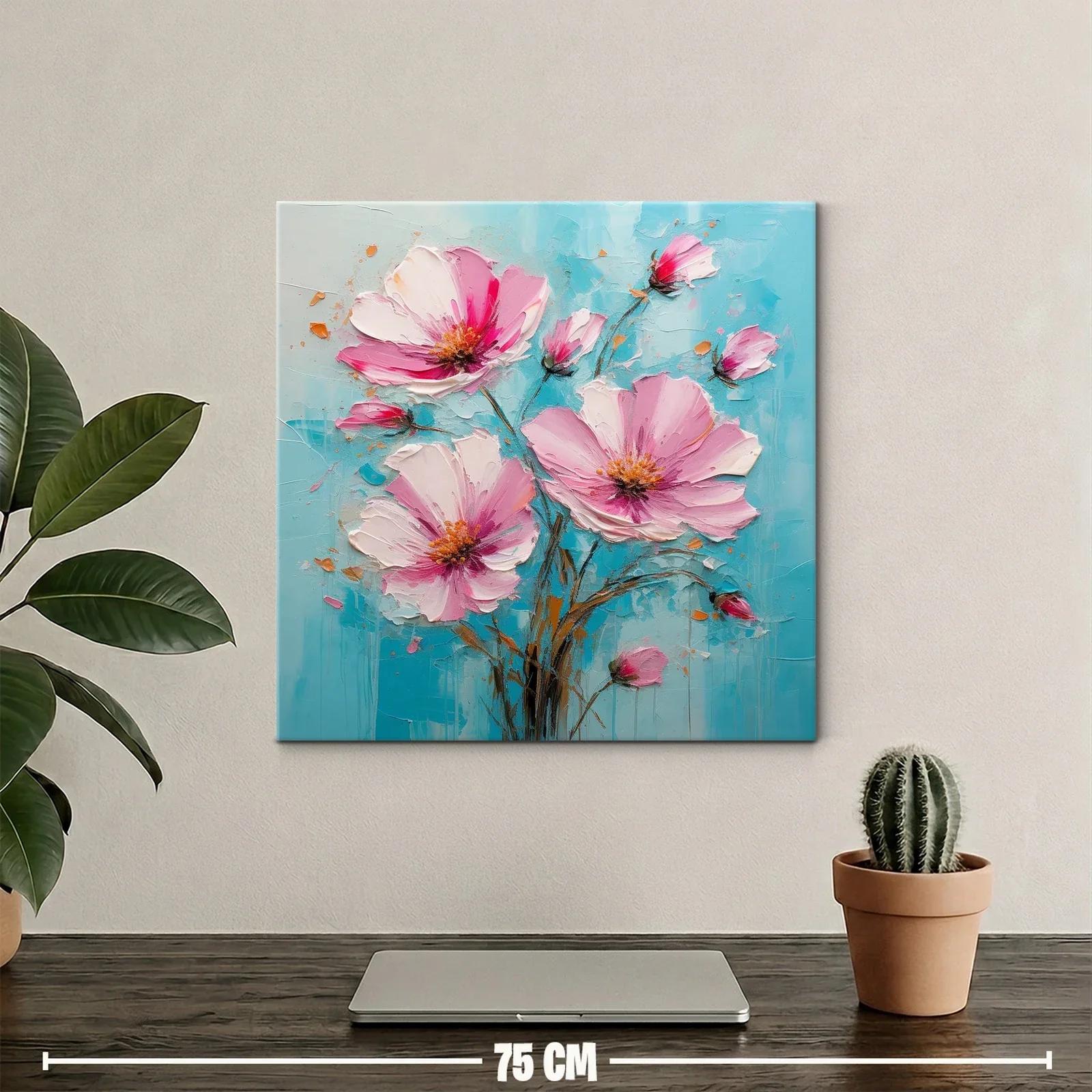 Cuadro flores rosas sobre fondo azul vibrante y texturizado — miniatura 2