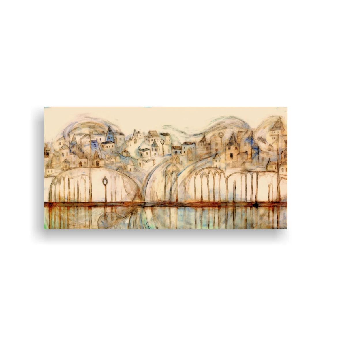 Cuadro pueblo en una colina con reflejos difuminados — imagen principal