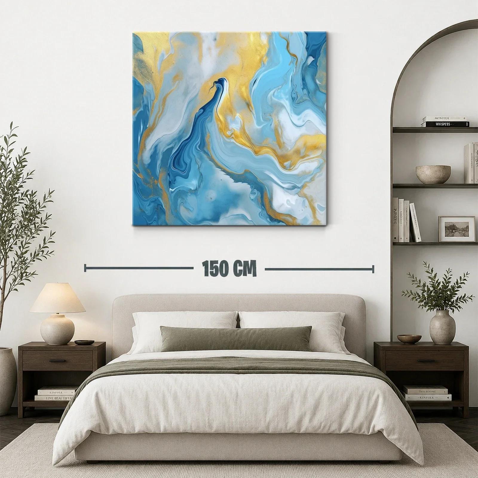 Cuadro abstracto con tonos azules y dorados vibrantes — miniatura 3