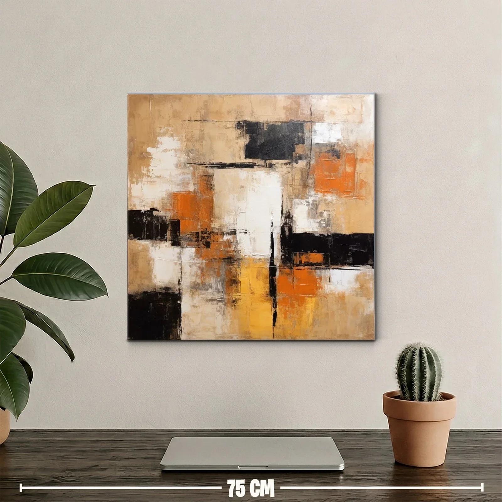 Cuadro abstracto en tonos tierra con acentos naranjas y negros — miniatura 2