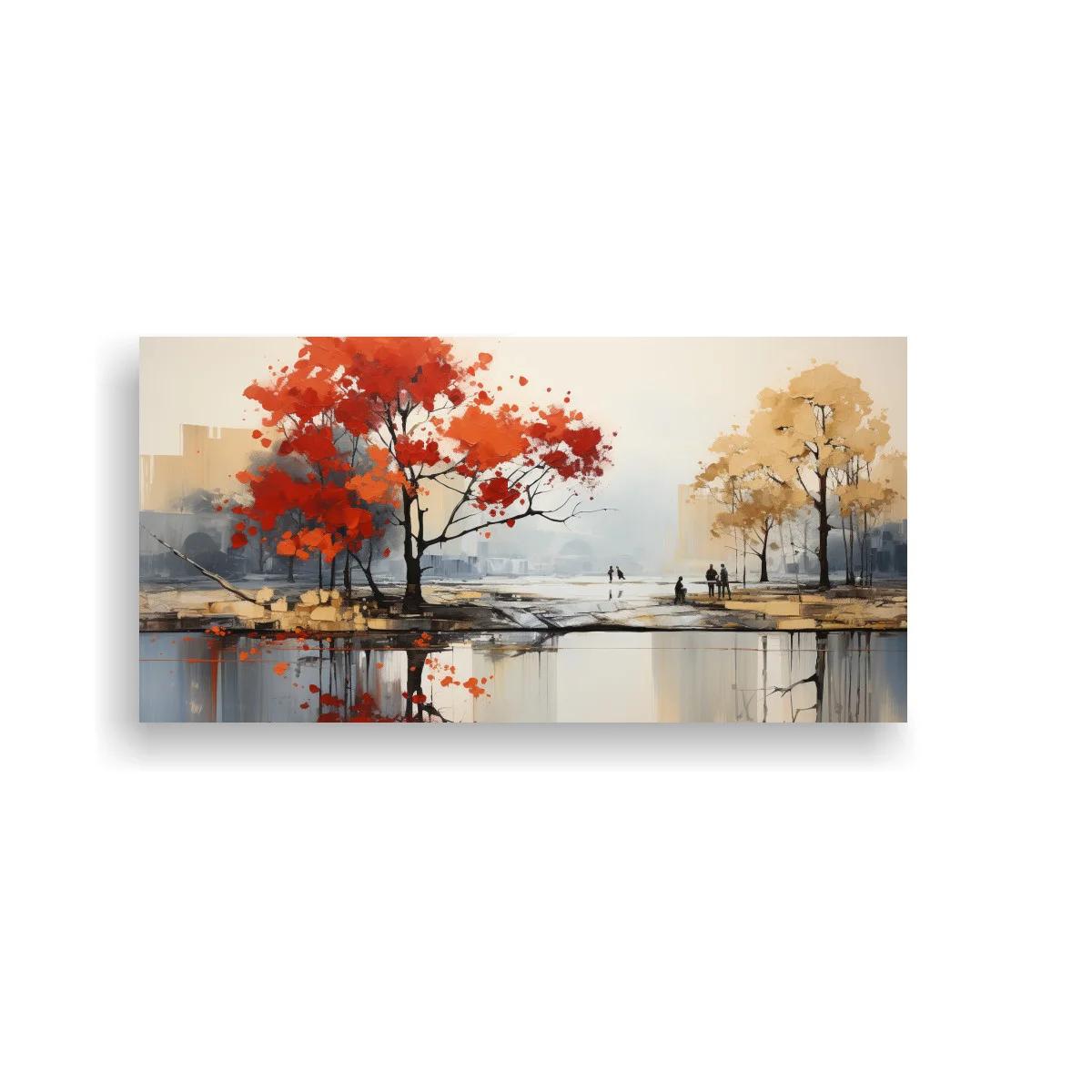 Cuadro árbol rojo con reflejos amplios en el agua