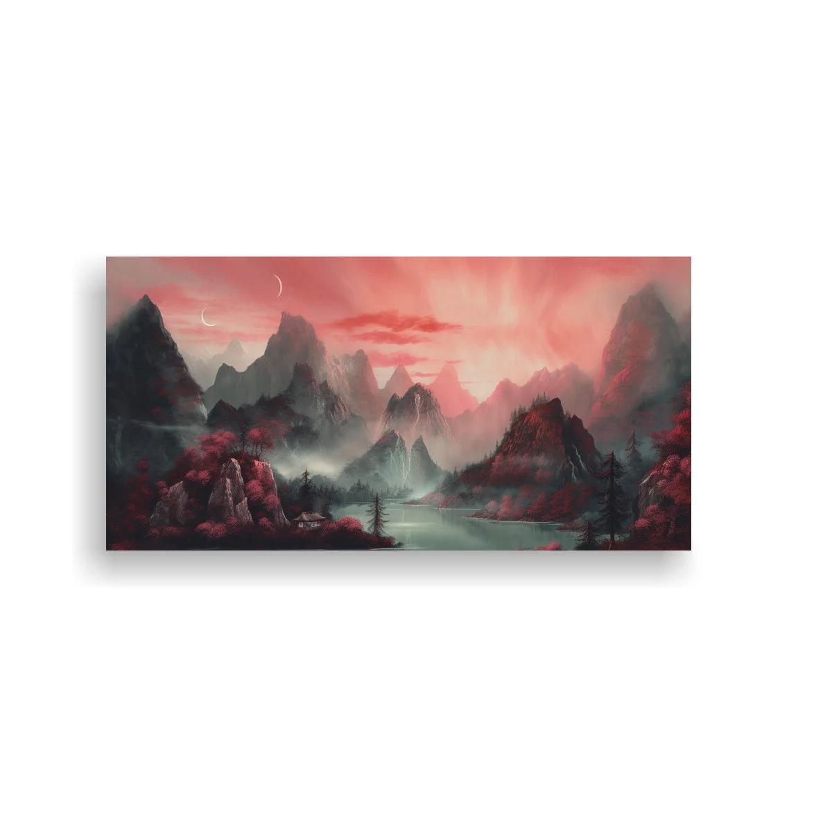 Cuadro paisaje de montañas con lago y cielo luminoso — imagen principal