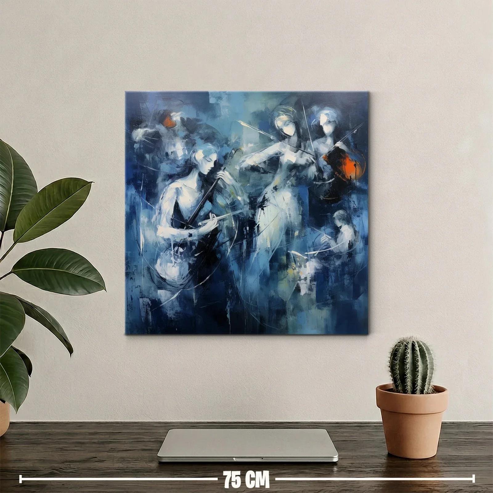 Cuadro con músicos tocando violines en tonos azules y toques naranjas — miniatura 2
