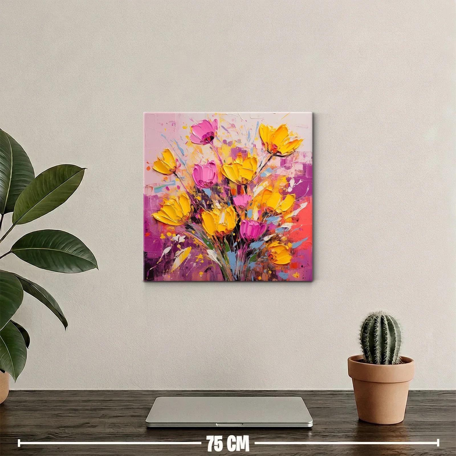 Cuadro floral vibrante con tonos amarillos y rosas intensos — miniatura 2