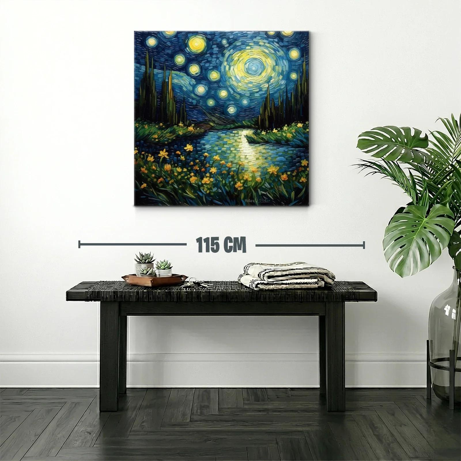 Paisaje nocturno estrellado con flores luminosas y río sereno — miniatura 2