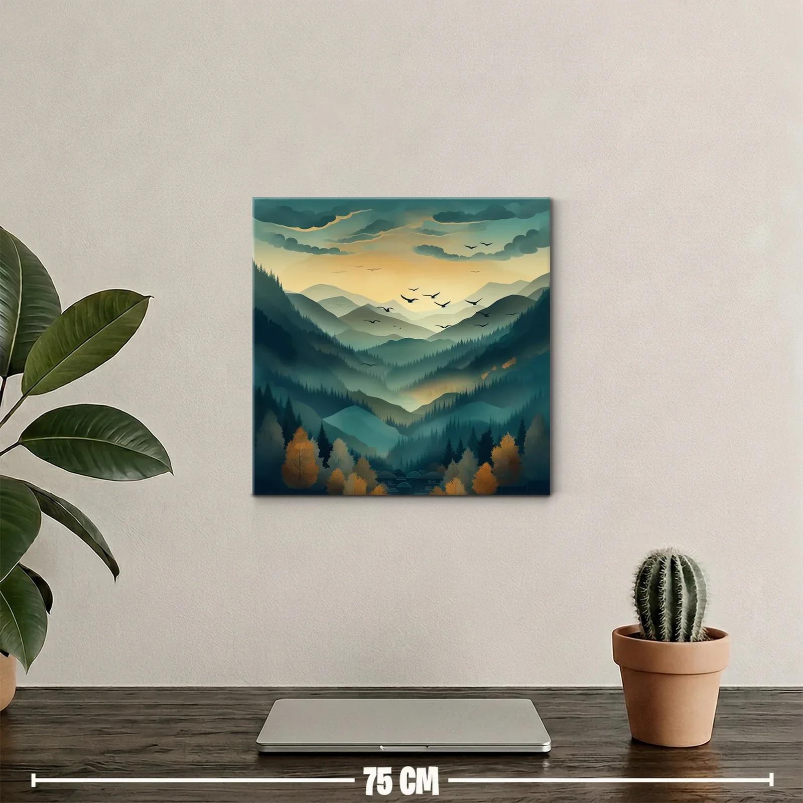 Paisaje de montañas nebulosas al amanecer con aves en vuelo — miniatura 2