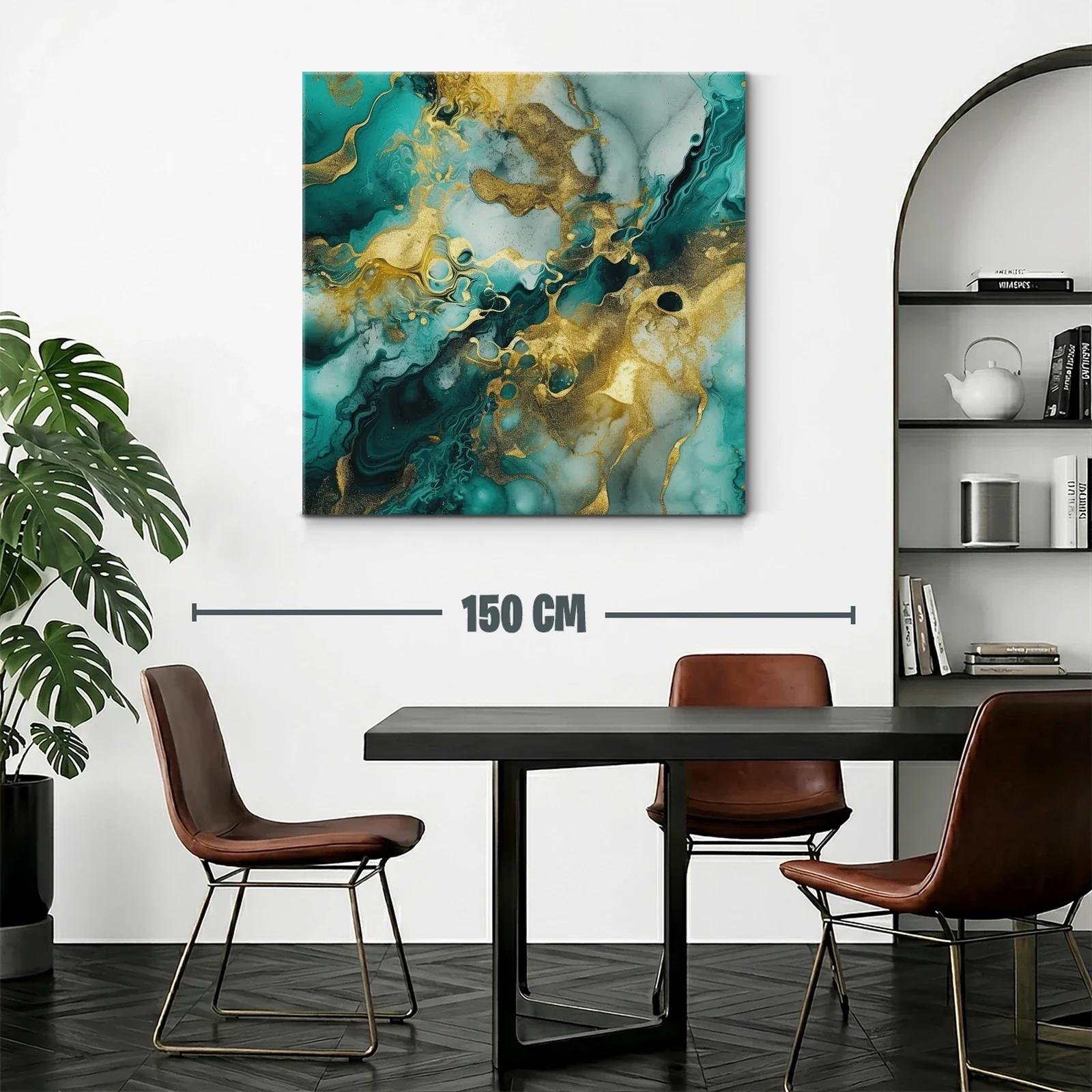 Cuadro abstracto con dorado y tonos verdes marinos vibrantes — miniatura 2