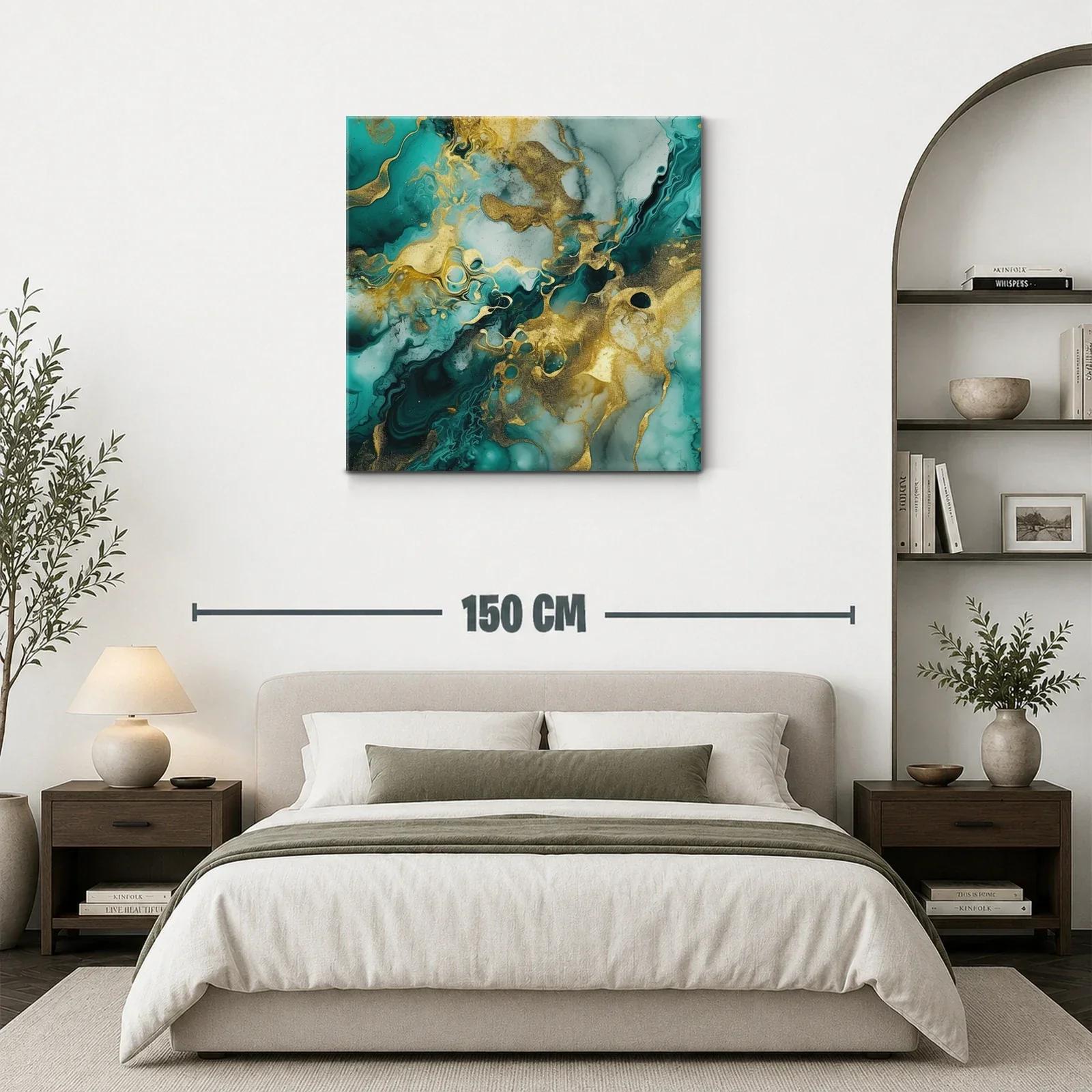 Cuadro abstracto con dorado y tonos verdes marinos vibrantes — miniatura 3