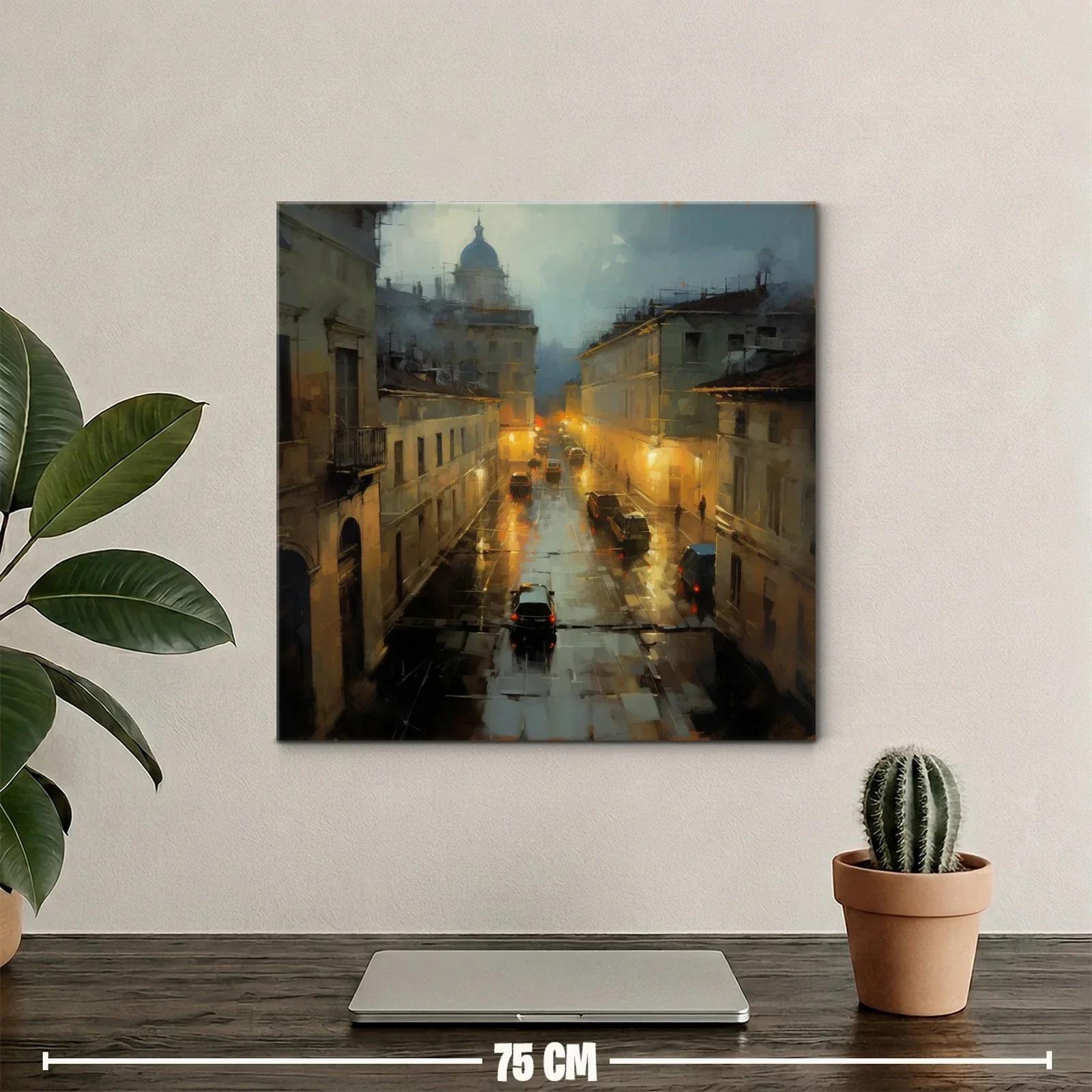 Noche urbana con lluvia y luces cálidas en ciudad clásica — miniatura 2