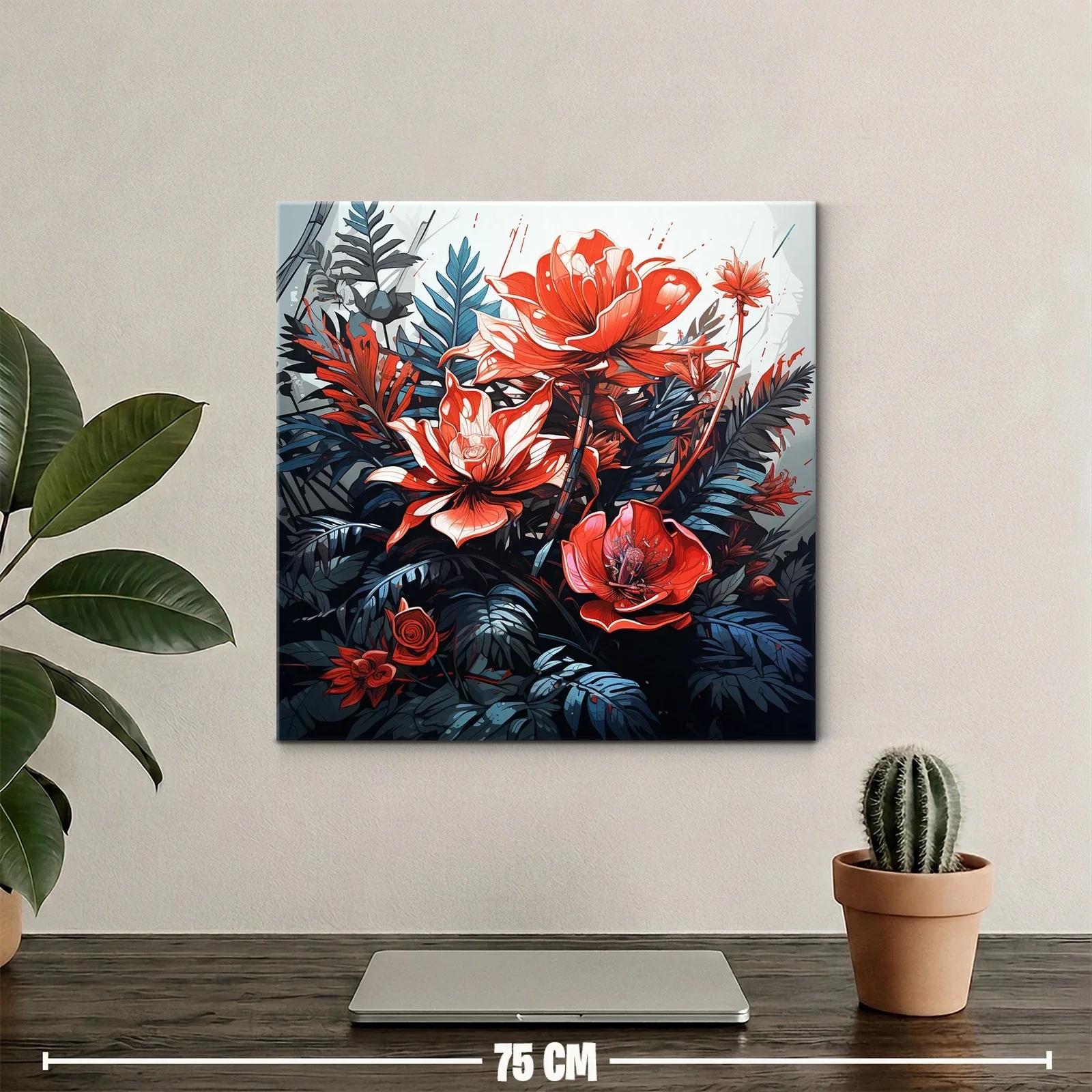 Cuadro vibrante con flores rojas y hojas azuladas — miniatura 2