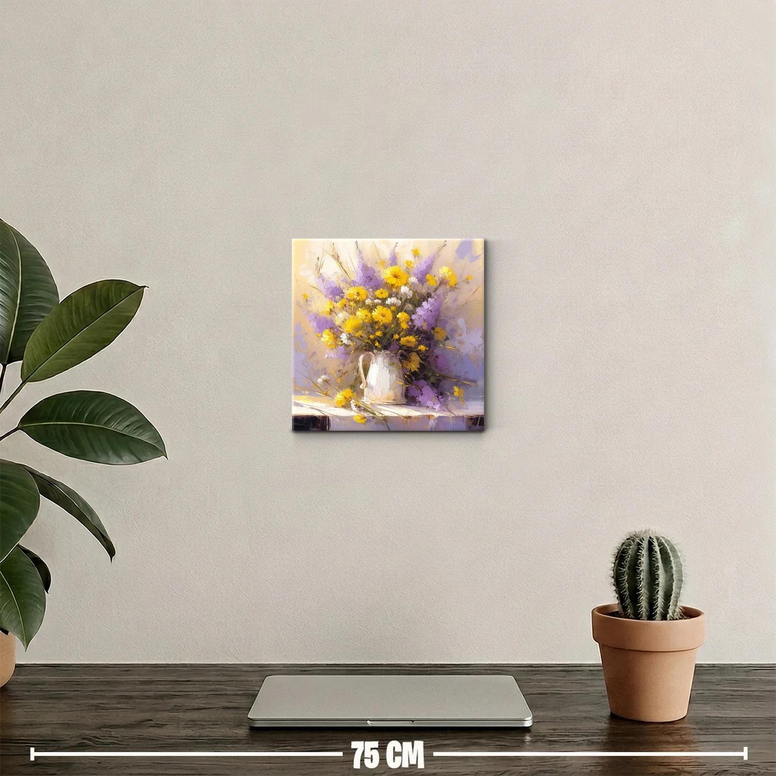 Ramo vibrante de flores amarillas y lilas en florero blanco — miniatura 2