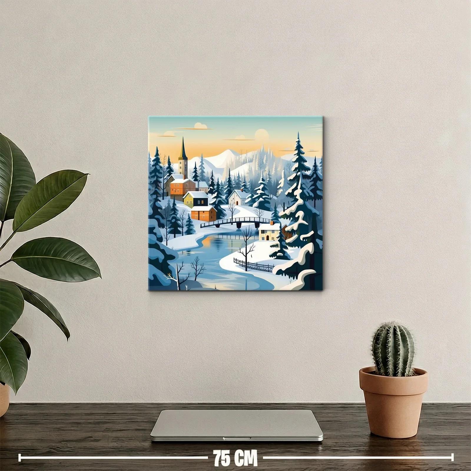 Paisaje invernal con puente y casas de montaña — miniatura 2