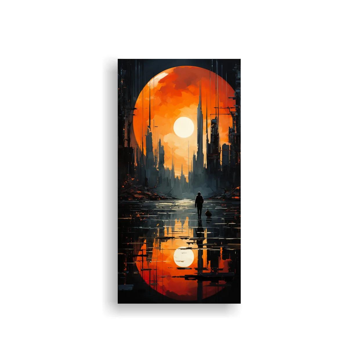Cuadro sol sobre ciudad futurista con reflejos dramáticos