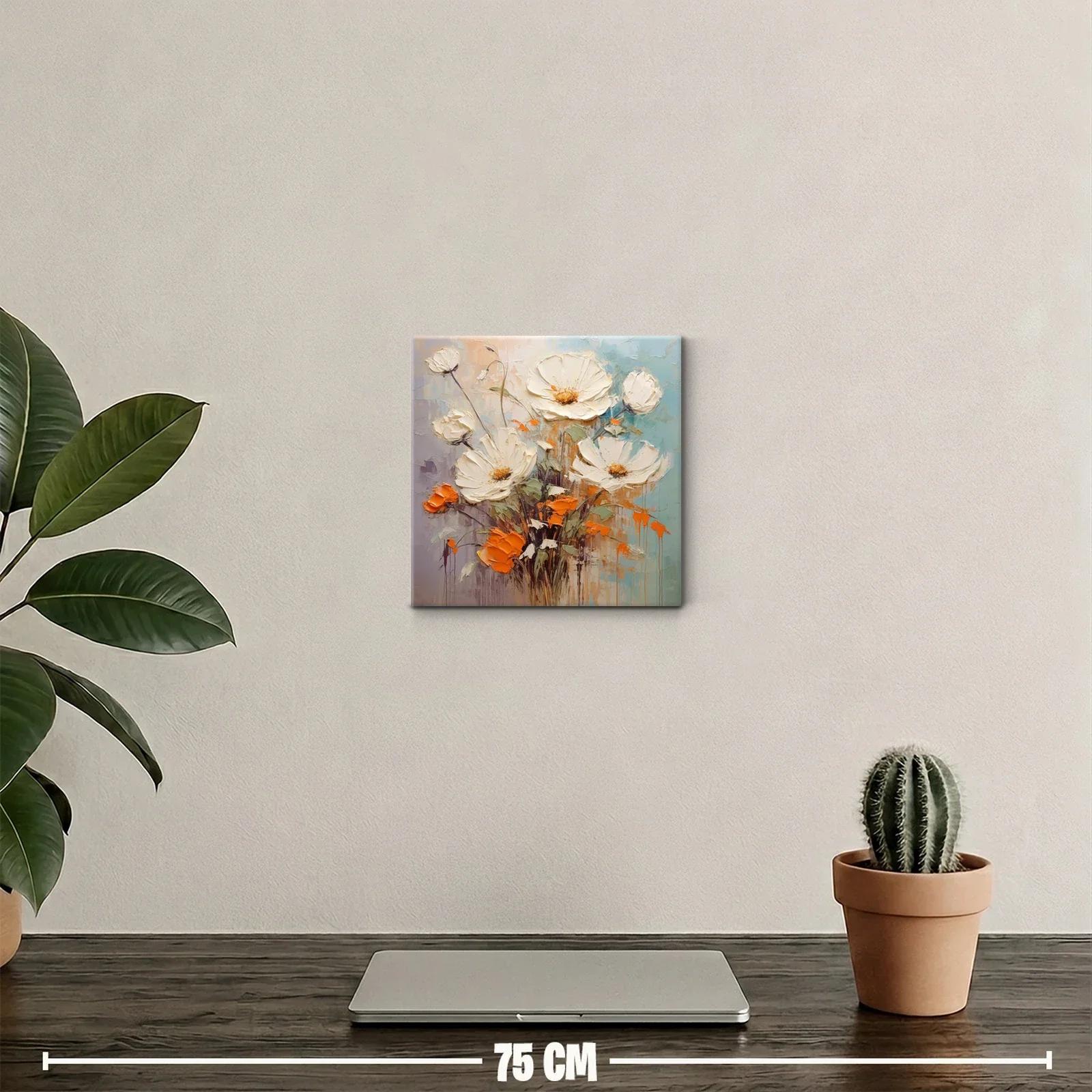 Cuadro floral con flores blancas y toques naranjas vibrantes — miniatura 2